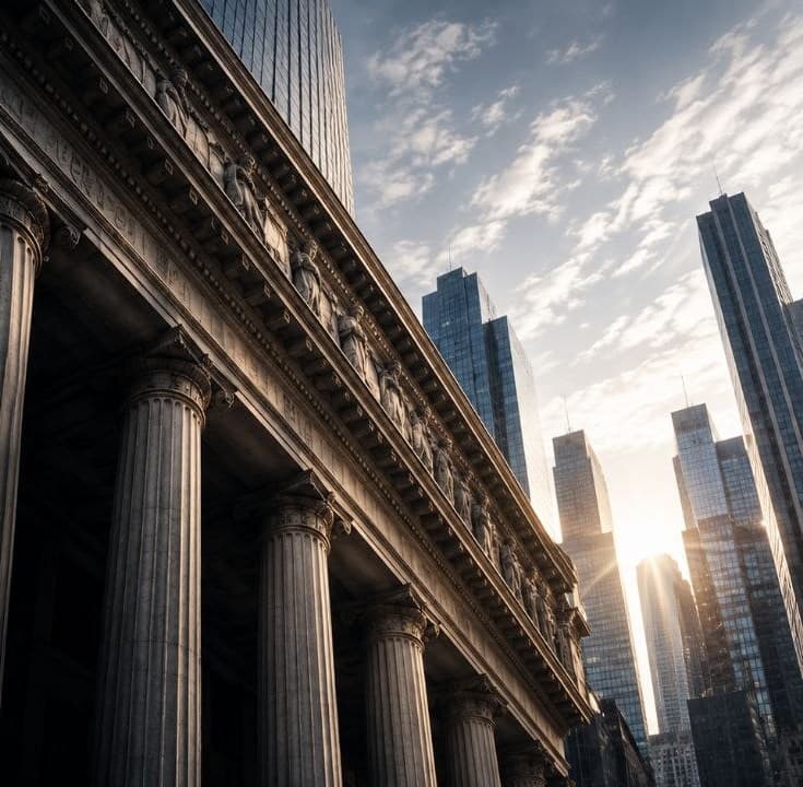 Classical stone columns of an institutional building against a morning sky