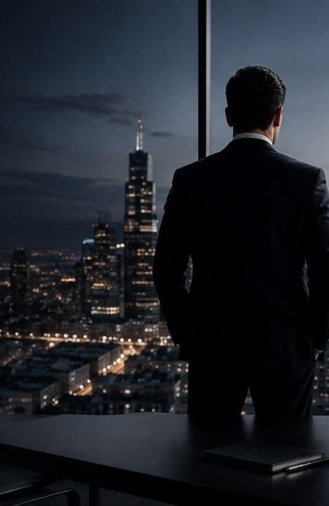 A person standing at a window, looking out over a city at night